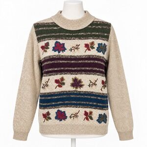 Vintage 90s Embroidered Fall Leaf Mock Neck Sweater M Petite Cottagecore Granny